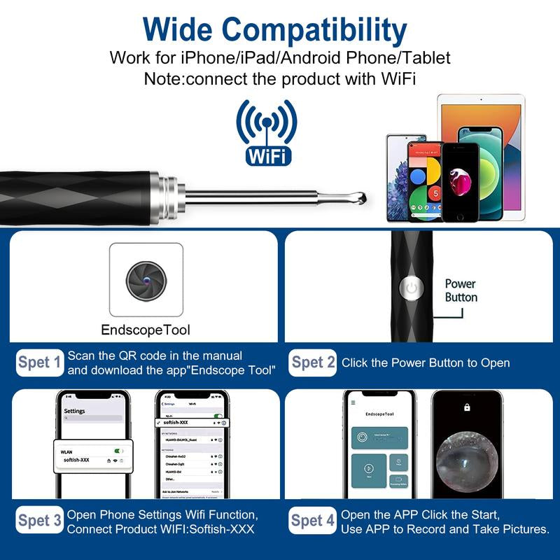 [FONENYCA] Ear Wax Removal Kit with Light Ear Camera 6 Ear Spoon for Ios & Android Earpick Flashlight Black Thanksgiving Christmas Gift Set